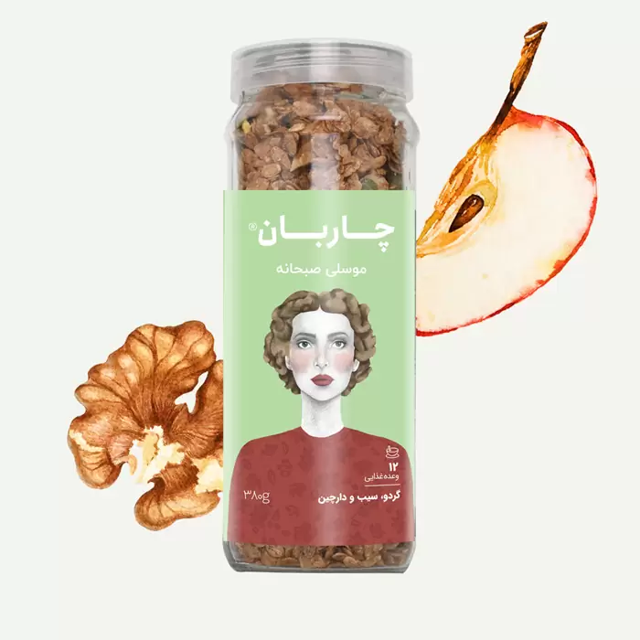 موسلی گردو، سیب و دارچین شیشه‌ای چاربان 380 گرم 